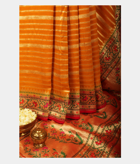 Yellow Banaras Georgette Silk Saree with Paithani Border T234219-image
