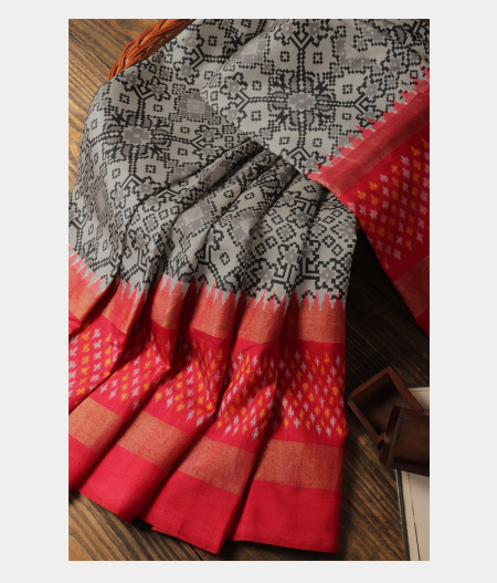 White Ikat Silk Saree T231617-image