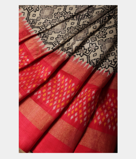 White Ikat Silk Saree T2316172