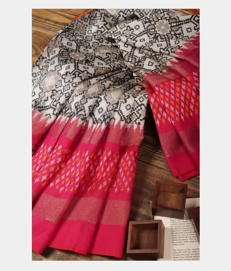 White Ikat Silk Saree T235123-image