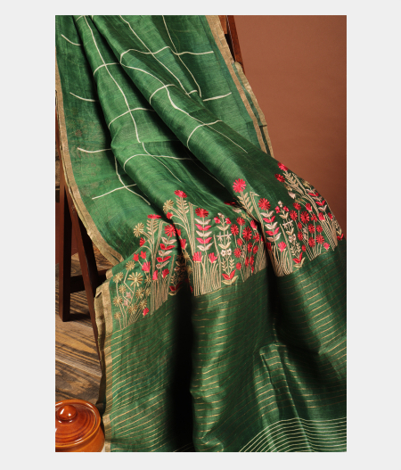 Green Linen Printed Saree T235633-image