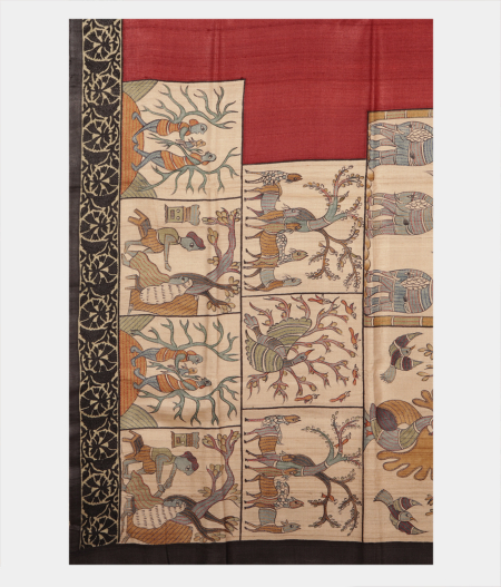 Maroon Tussar Kantha Work Saree T2054774