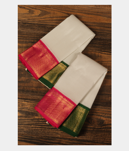 White Handwoven Kanjivaram Silk Dhoti and Vastharam T201616-image