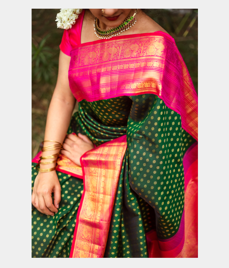 Bottle Green Handwoven Kanjivaram Silk Saree T2312742