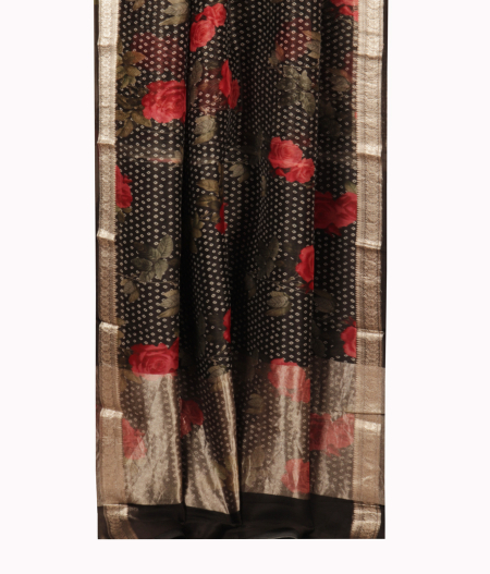 Black Kora Organza Printed Saree T2044072