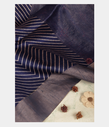 Midnight Blue Printed Raw Silk Saree T240039-image