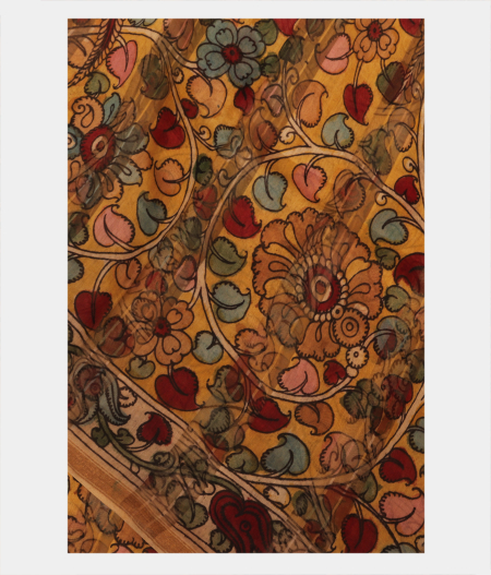 Yellow Chanderi Cotton Kalamkari Handpainted Saree T239634-image