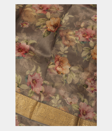 Dark Grey Kora Organza Printed Saree T241880-image