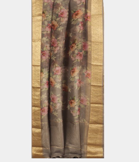 Dark Grey Kora Organza Printed Saree T2418802