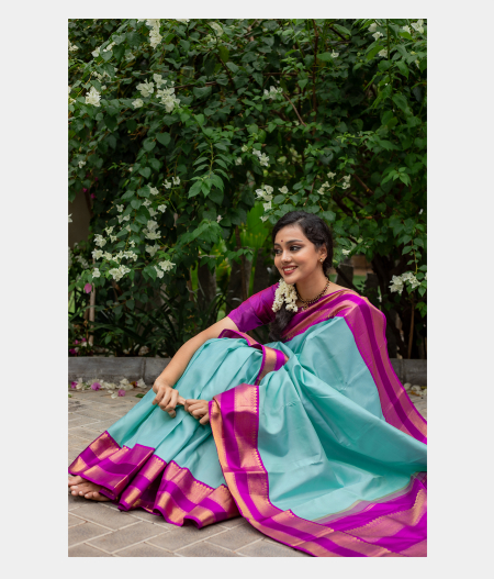 Cyan Blue Silk Saree – Karagiri