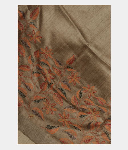 Greenish Grey Tussar Embroidery Saree T239369-image
