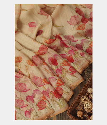 Beige Kora Organza Printed Saree T244316-image