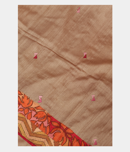 Beige Tussar Kantha Work Saree T233951-image