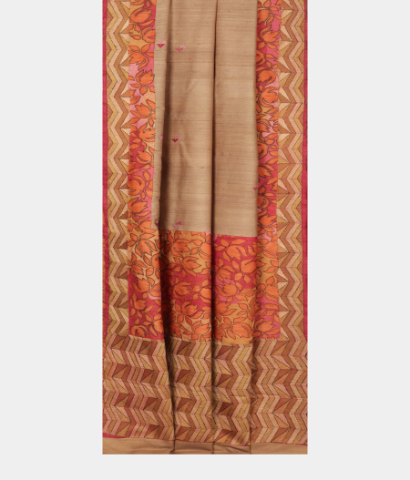 Beige Tussar Kantha Work Saree  T2339512