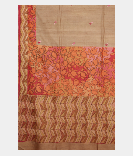 Beige Tussar Kantha Work Saree  T2339514
