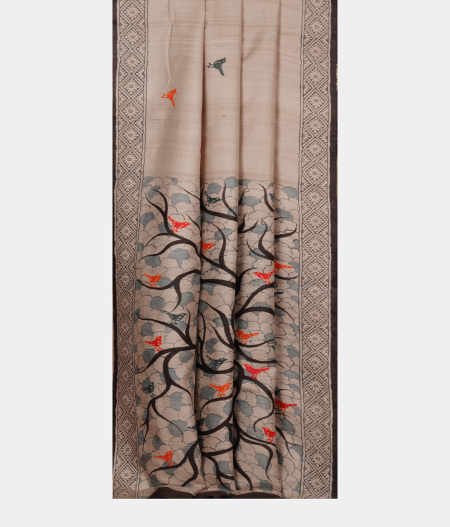 Cream Tussar Kantha Work Saree T2324602