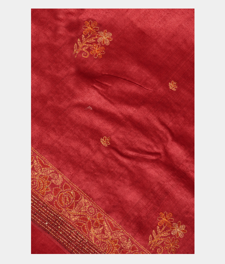Maroon Tussar Kantha Work Saree T236128-image