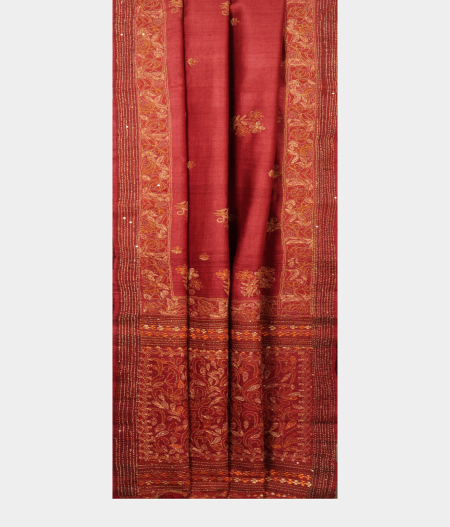 Maroon Tussar Kantha Work Saree T2361282