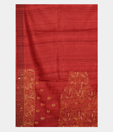 Maroon Tussar Kantha Work Saree T2361283