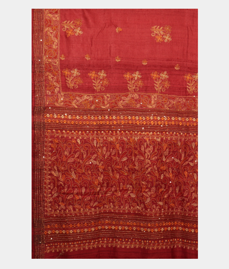 Maroon Tussar Kantha Work Saree T2361284
