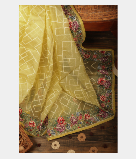 Buy Yellow Organza Embroidery Saree T240948