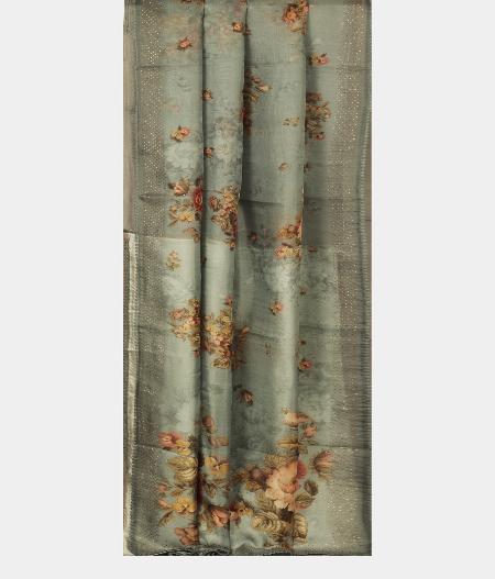 Bluish Grey Kora Organza Printed Saree T2363902