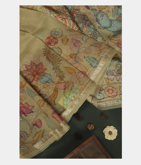 Greenish Grey Kora Organza Printed Saree T244333-image