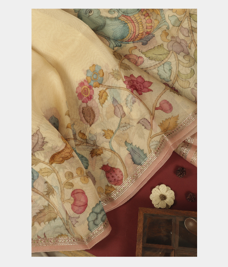 Cream Kora Organza Printed Saree T244347-image