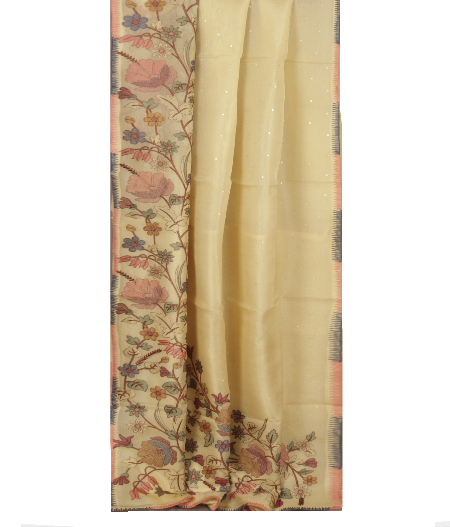 Cream Organza Embroidery Saree T1908442