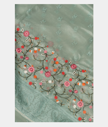 Blue Kora Organza Embroidery Saree T250357-image