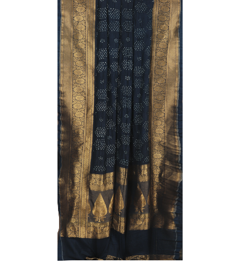 Dark Blue Bandhani Gajji Silk Saree T2503072