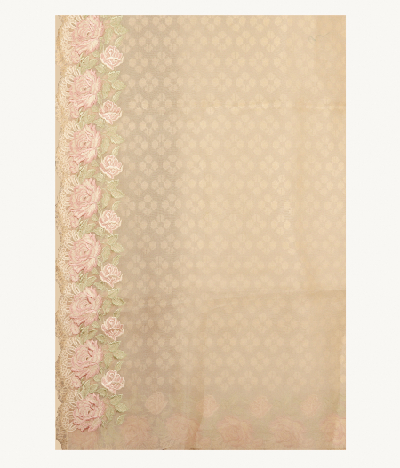 Cream Yellow Kora Organza Embroidery Saree T2208933