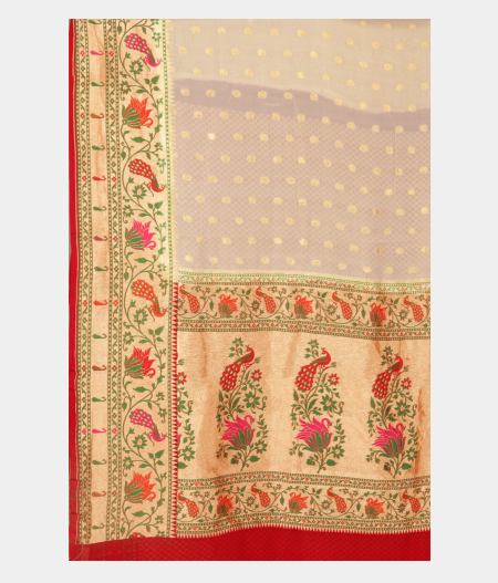 Off-White Banaras Georgette Silk Saree with Paithani Border T2525934