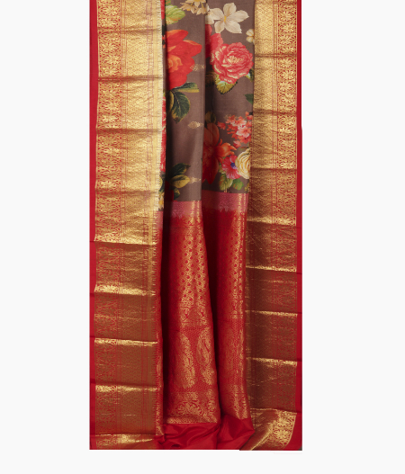 Grey Printed Soft Silk Saree T2408722