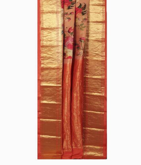 Dark Peach Printed Soft Silk Saree T2489582
