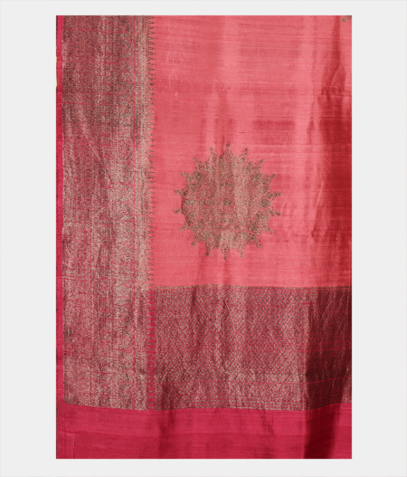 Dark Salmon Pink Banaras Tussar Saree T2479674