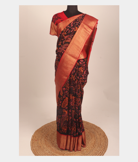 Black Handpainted Kalamkari Kanjivaram Silk Saree T2017032