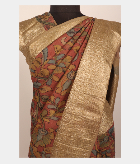 Rust Handpainted Kalamkari Kanjivaram Silk Saree T201703 1-image