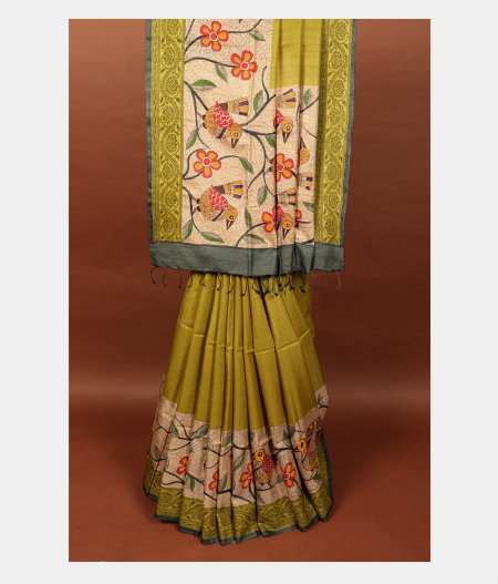 Green Tussar Kantha Work Saree T2566012