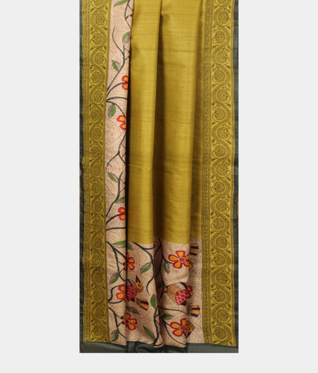 Green Tussar Kantha Work Saree T2566014