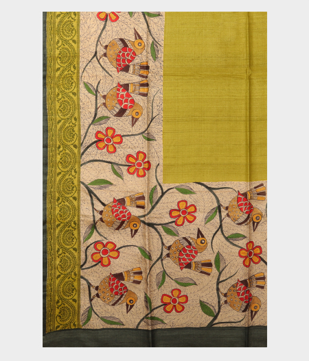 Green Tussar Kantha Work Saree T2566015