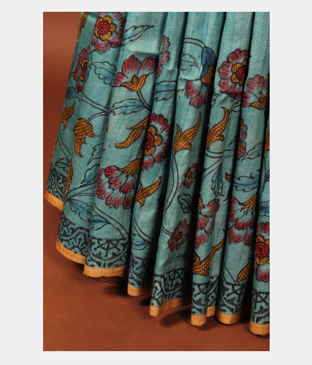 Blue Tussar Kantha Work Saree T256607-image