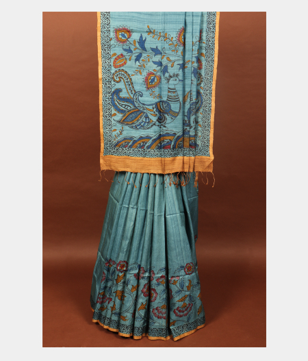 Blue Tussar Kantha Work Saree T2566072