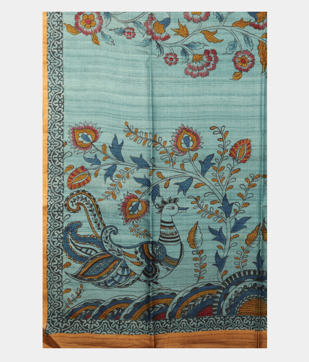 Blue Tussar Kantha Work Saree T2566075