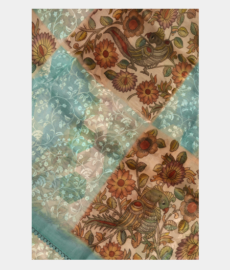 Off-White and Blue Kora Organza Printed Saree T254923-image