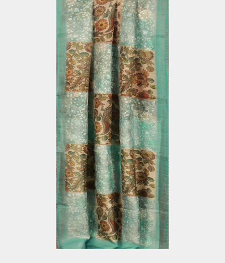 Off-White and Blue Kora Organza Printed Saree T2549232