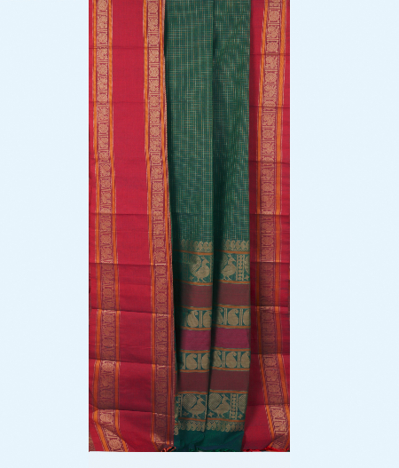 Greenish Blue Kanchi Handwoven Cotton Saree T2474052