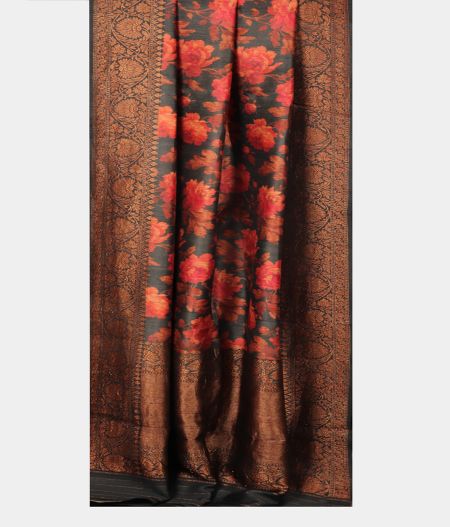 Dark Grey Tussar Printed Saree T2546922