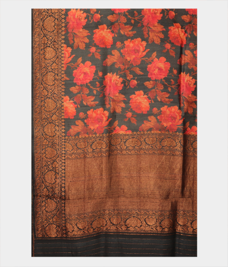 Dark Grey Tussar Printed Saree T2546924