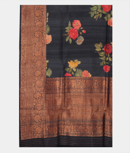 Dark Grey Tussar Printed Saree T2547004